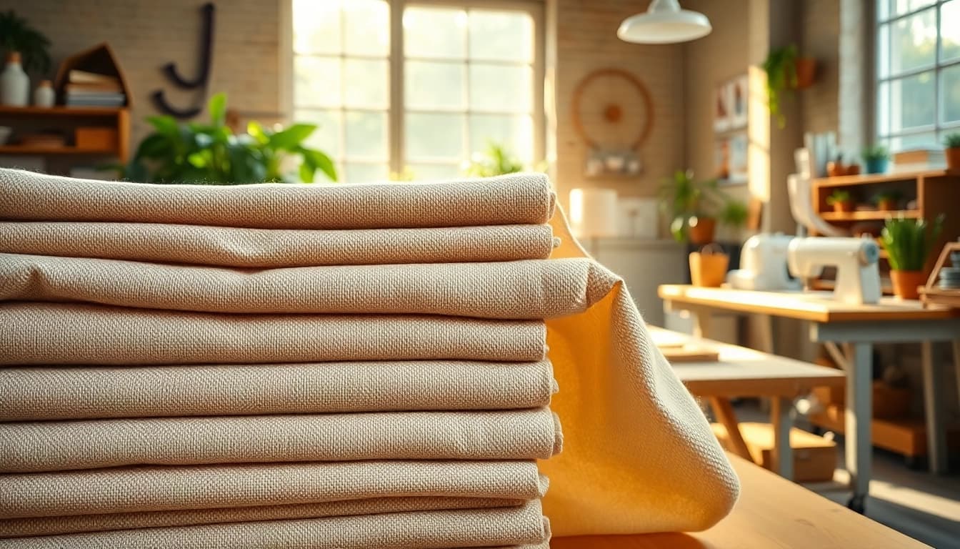 Ongebleekt katoen rol in een lichte werkplaats met natuurlijke textuur en zachte kleuren.