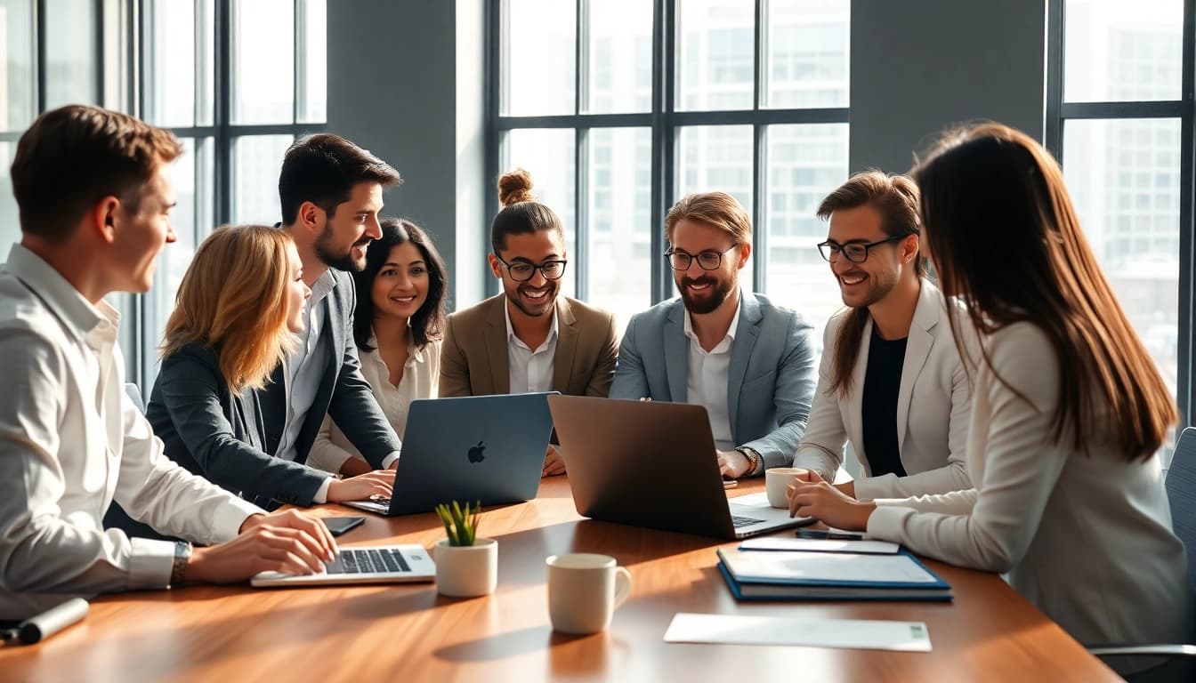 Recruiting professionals engaged in a dynamic team discussion at a conference table.