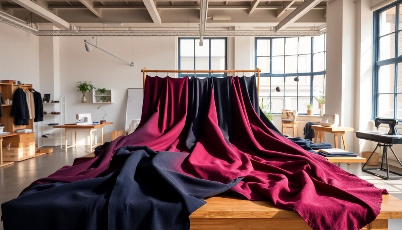 Punta di Roma stoffen uitgespreid op een creatieve tafel in een lichte studio