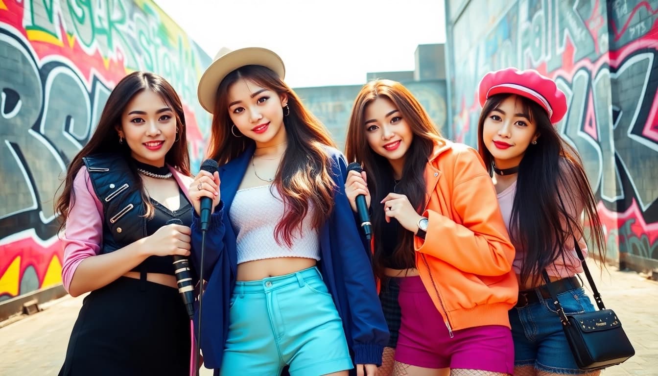 Captivating portrait showcasing the blackpink members in vibrant urban style outfits