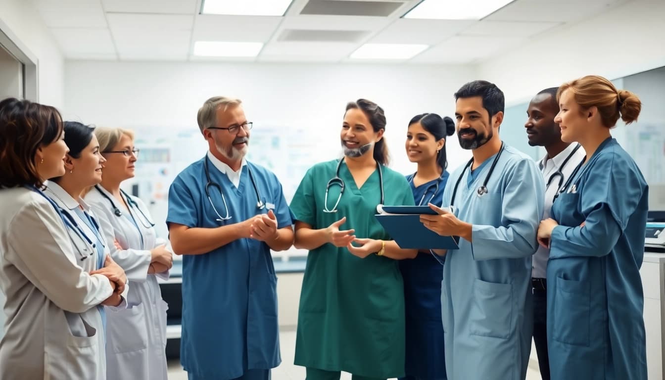 Health professionals actively collaborating in a healthcare setting, promoting teamwork.
