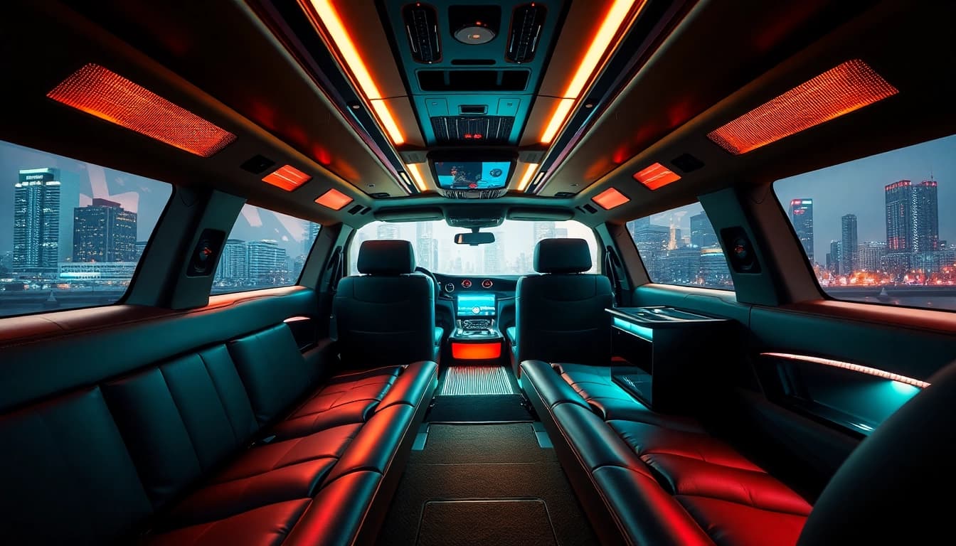 World Cup Group Transportation in a luxurious limousine featuring leather seating and ambient lighting.