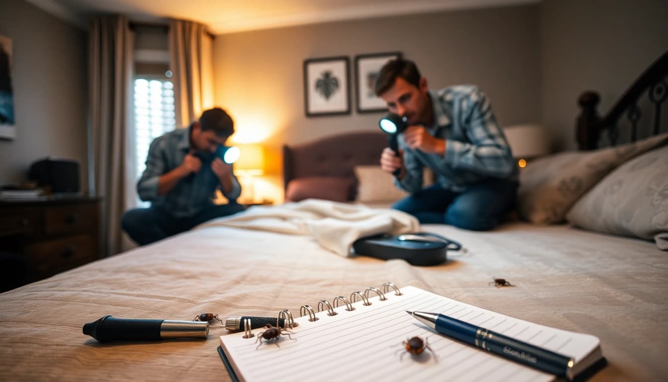 Bed bug exterminators conducting an inspection with specialized tools in a residential bedroom.