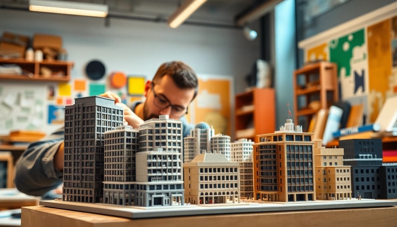 Architekturmodellbau Wuppertal in einem modernen Werkstattsetting mit präzisen Miniaturmodellen.