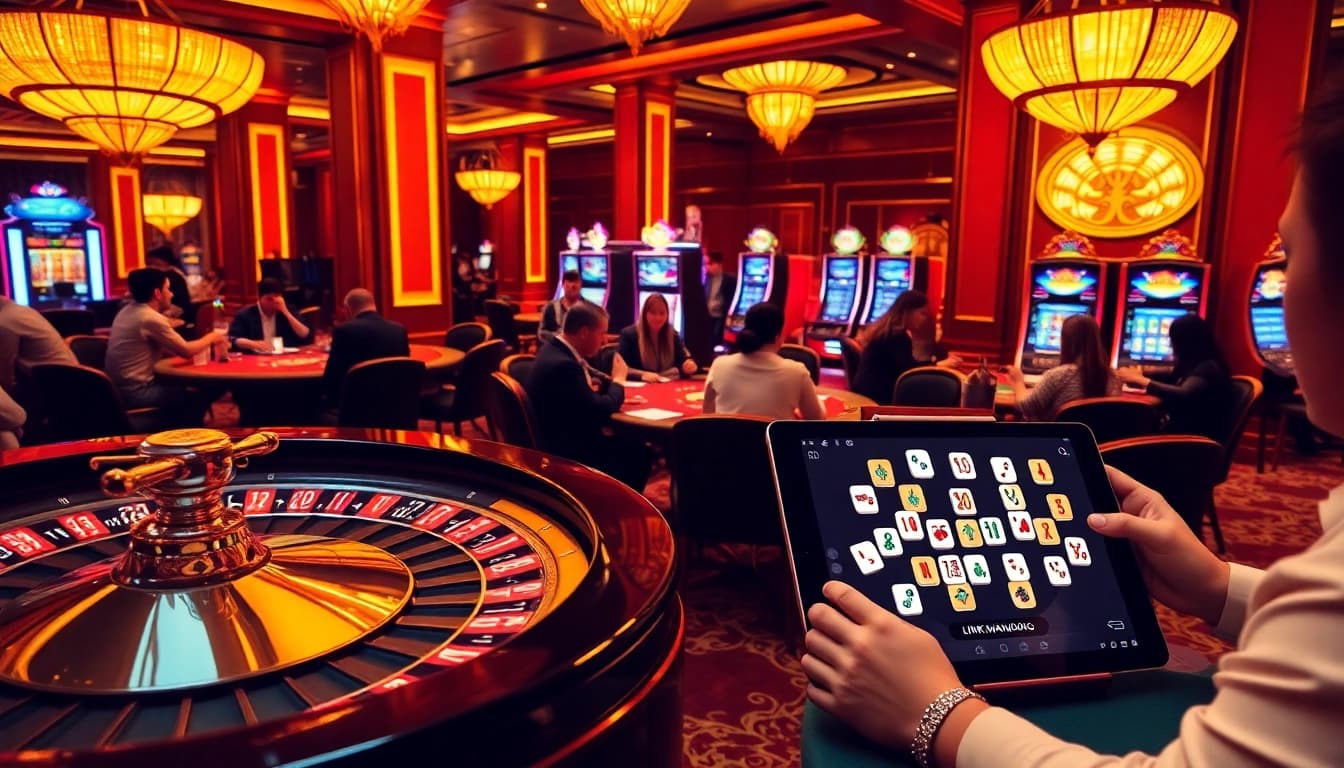 Players enjoy link mahjong alongside traditional games in a luxurious casino atmosphere, surrounded by vibrant slot machines and tables.