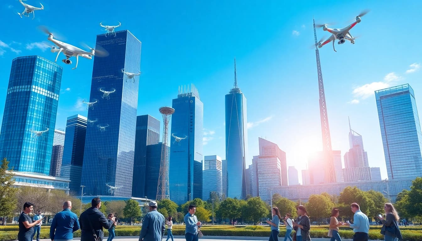 Innovative Technology in a vibrant cityscape depicting drones and smart devices.