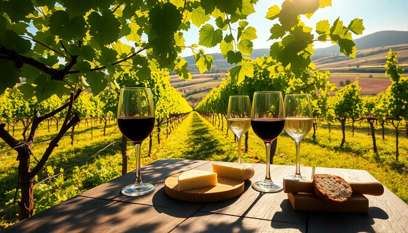 Enjoying wine at Sacramento Wineries with a scenic vineyard backdrop and gourmet cheese.