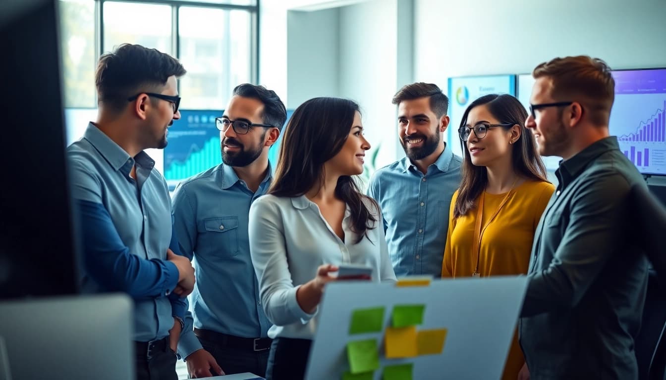 Engaged professionals collaborating in digital marketing staffing solutions.