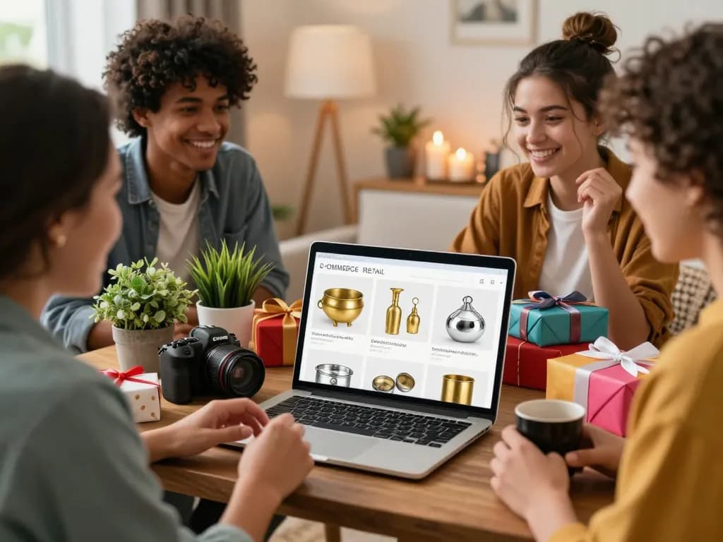 Shop unique return gifts online with friends exploring elegant brass and German silver items in a cozy setting.