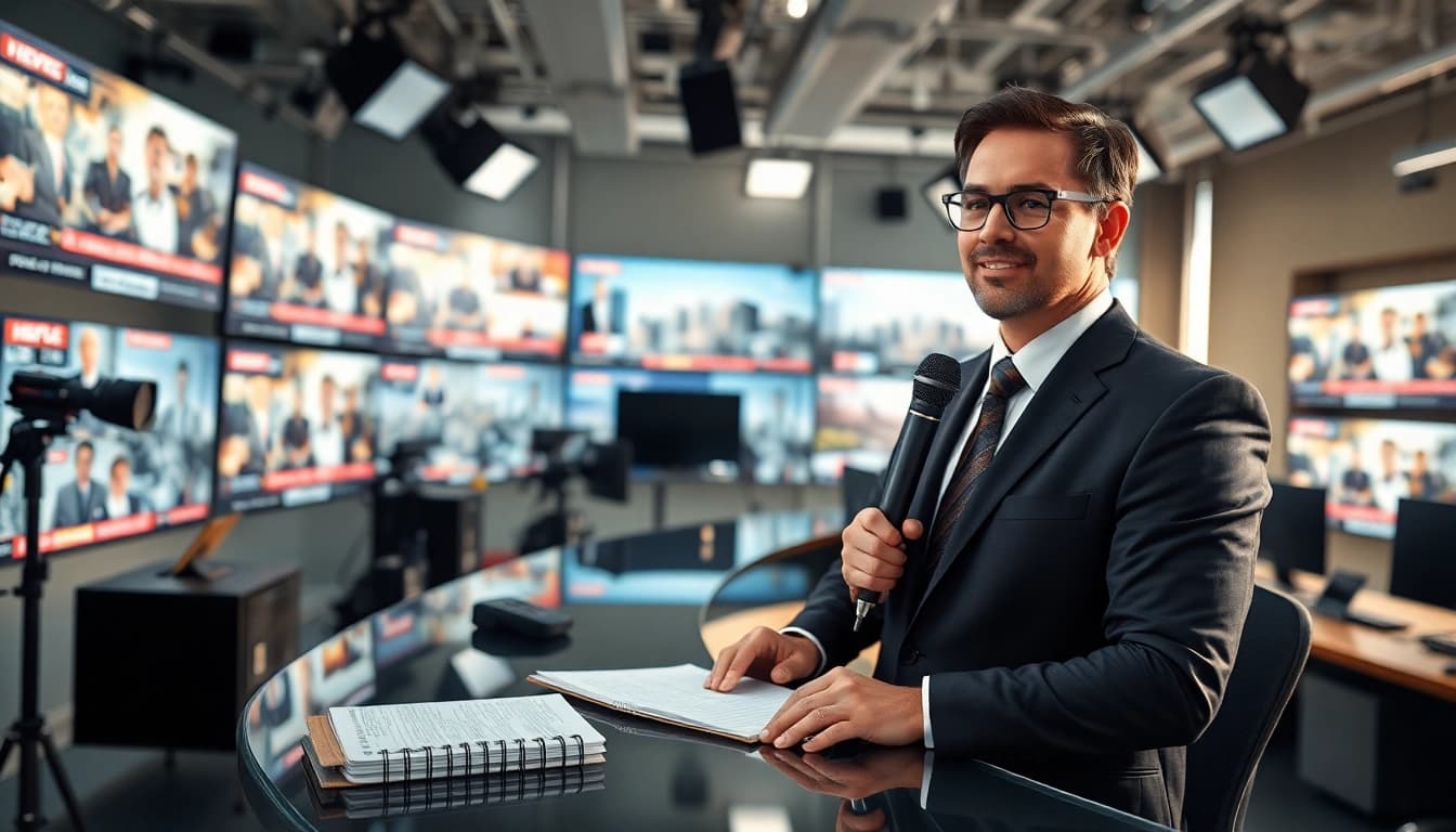 Engaging news reporter delivering live news updates in a contemporary newsroom.