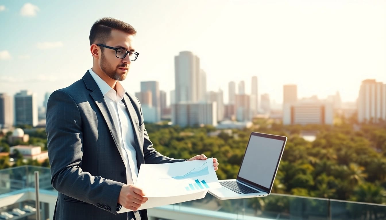 Improve Clearwater FL SEO with a digital marketing consultant analyzing strategies in a vibrant city.