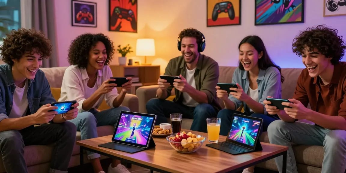 Group of friends playing xxx games on mobile devices in a cozy living room.