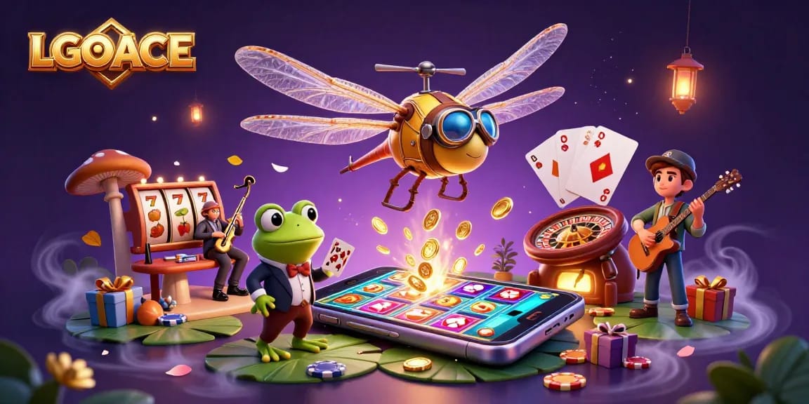 LGOACE showcases a vibrant casino scene with a dragonfly pilot and a frog croupier, illustrating exciting gambling action.