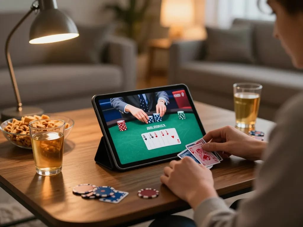 Exciting moment on dn88 trang chủ as a player enjoys a poker game on tablet, illustrating online gambling.