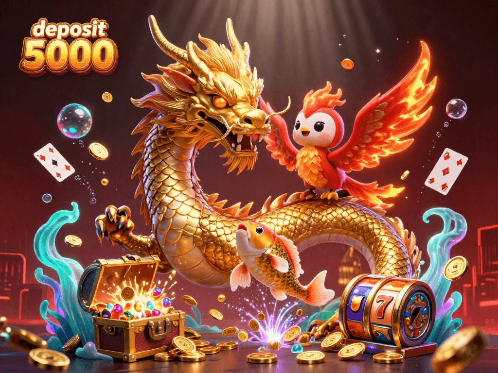 Experience deposit 5000 in gambling with a fierce dragon and lucky phoenix amidst vibrant slot reels.