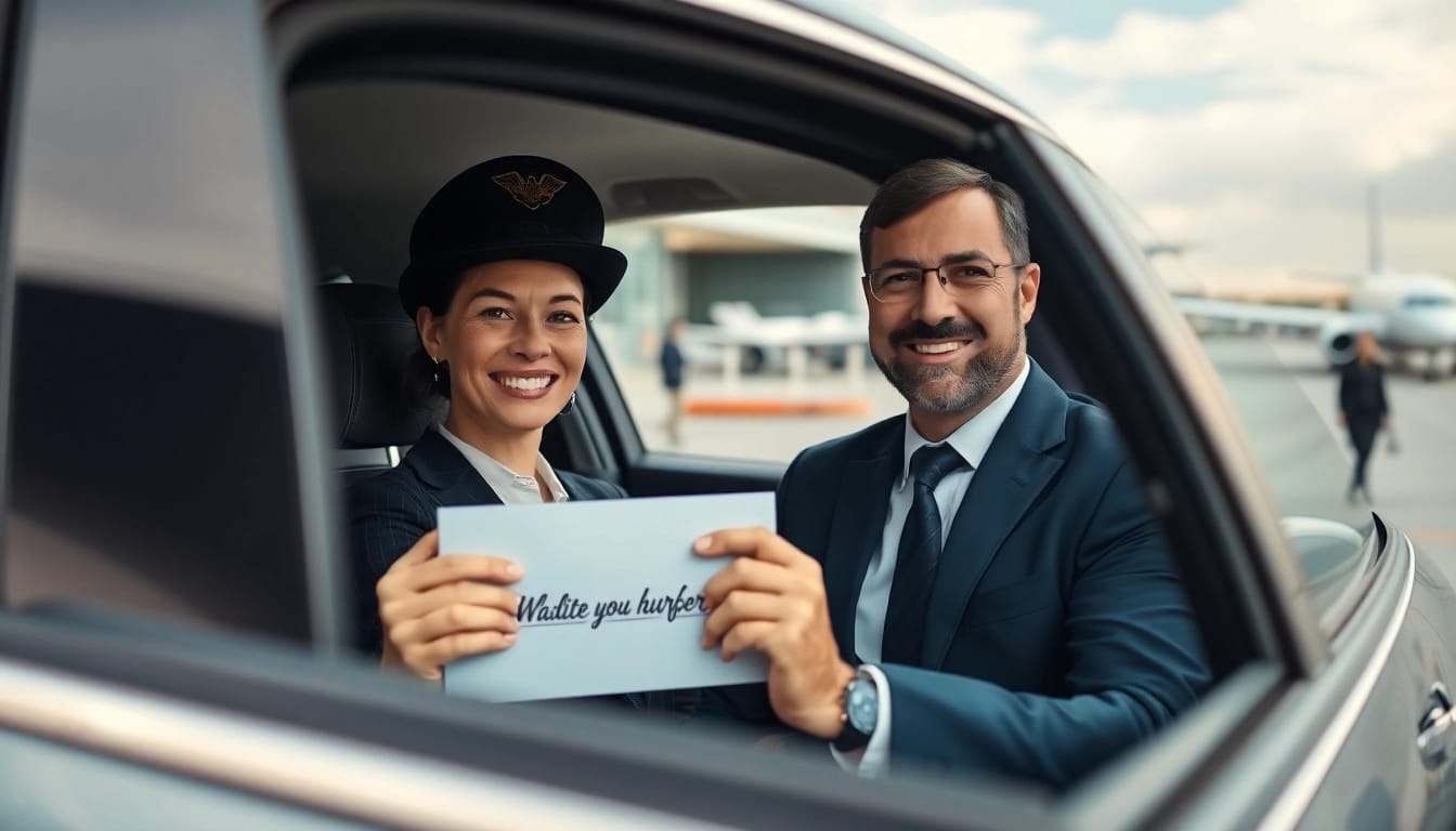 Chauffeur offering Private Airport Transfers at the airport with a warm smile and personalized sign.