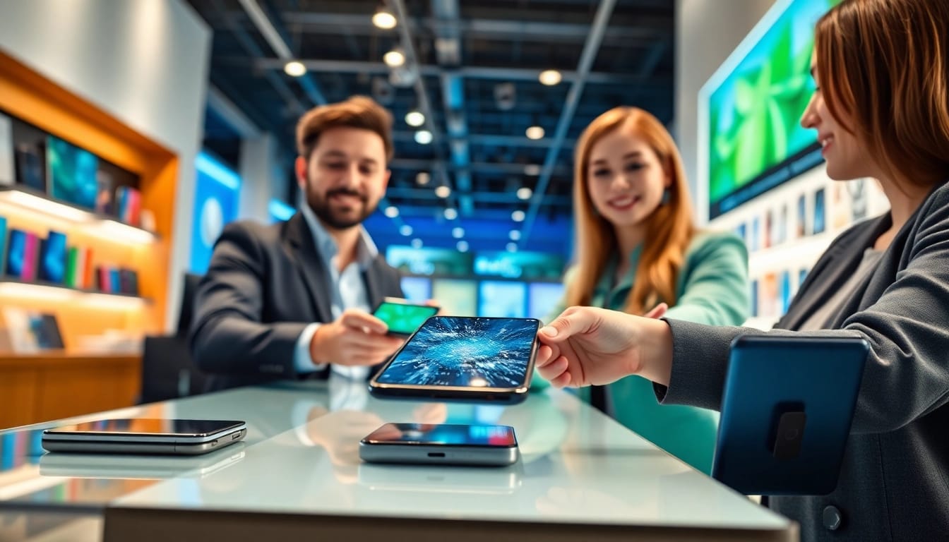 Sell phone fast cash through a modern transaction at a vibrant electronics store, showcasing smartphones.