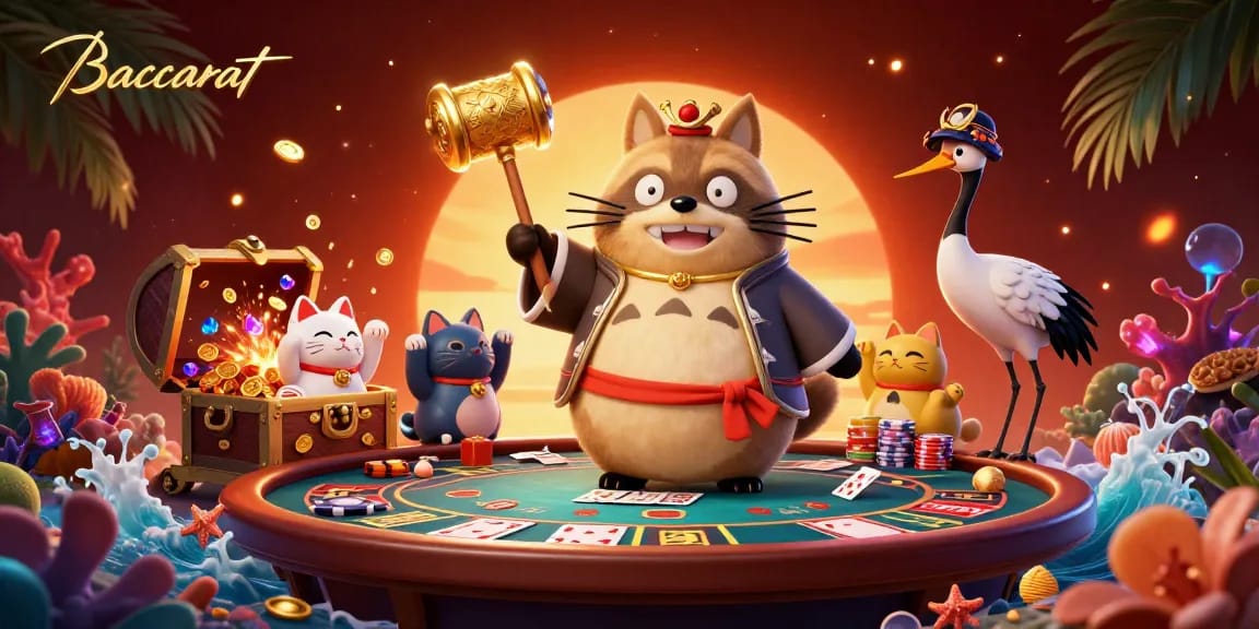 Baccarat players engaging with a lively 3D scene featuring festive characters and casino elements like cards and chips.