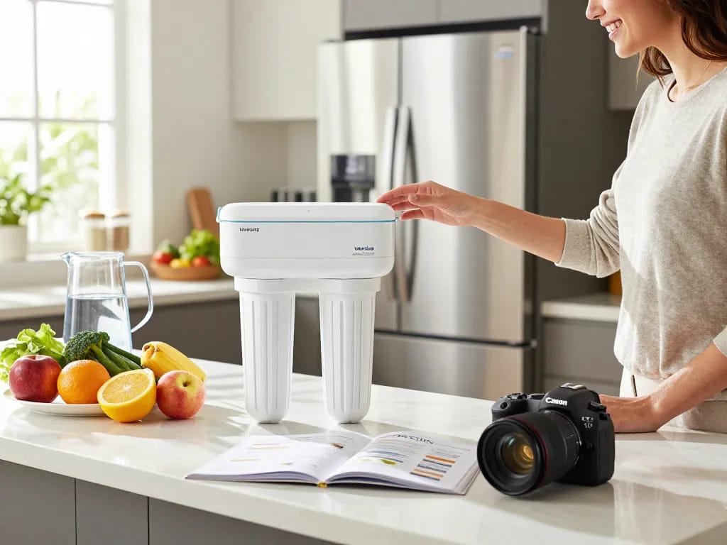 Inspecting Waterdrop DA97-17376B Replacement for Samsung® HAF-QIN Refrigerator Water Filter in a bright, inviting kitchen.