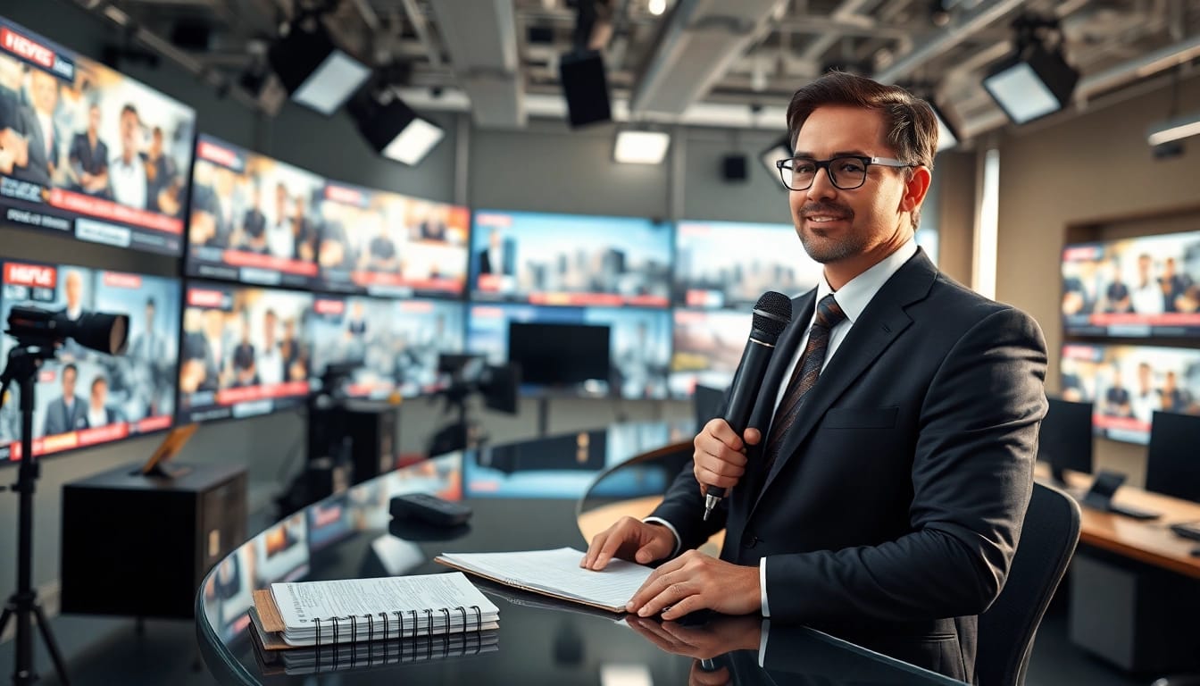 Engaging news reporter delivering live news updates in a contemporary newsroom.