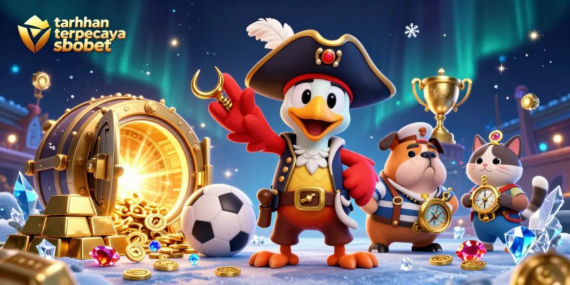 Engage with taruhan terpercaya sbobet in a vibrant sports betting scene featuring pirate characters, sparkling treasures, and dynamic sports elements.