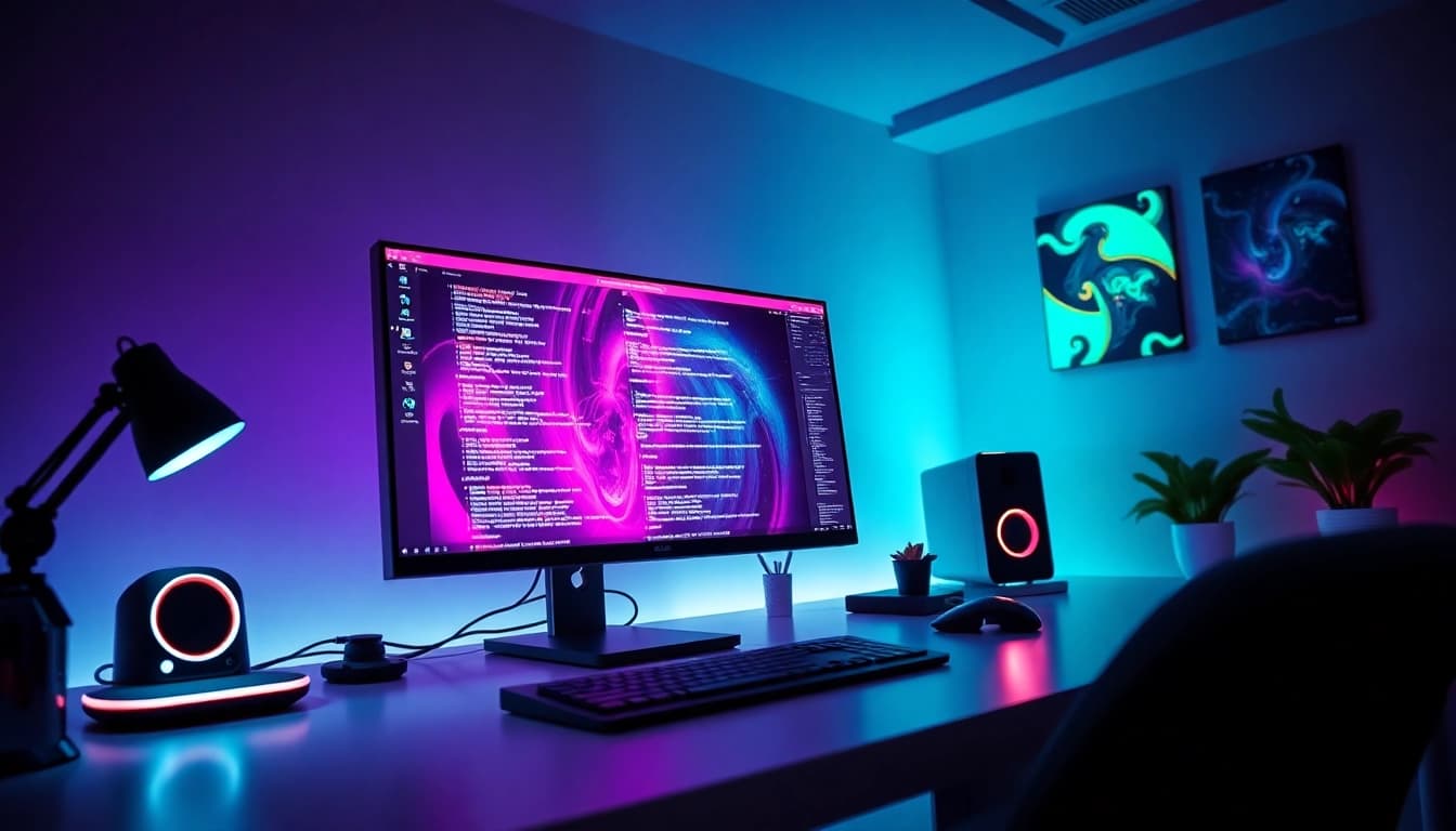 AI nsfw generator workspace with modern tech setup and vibrant images
