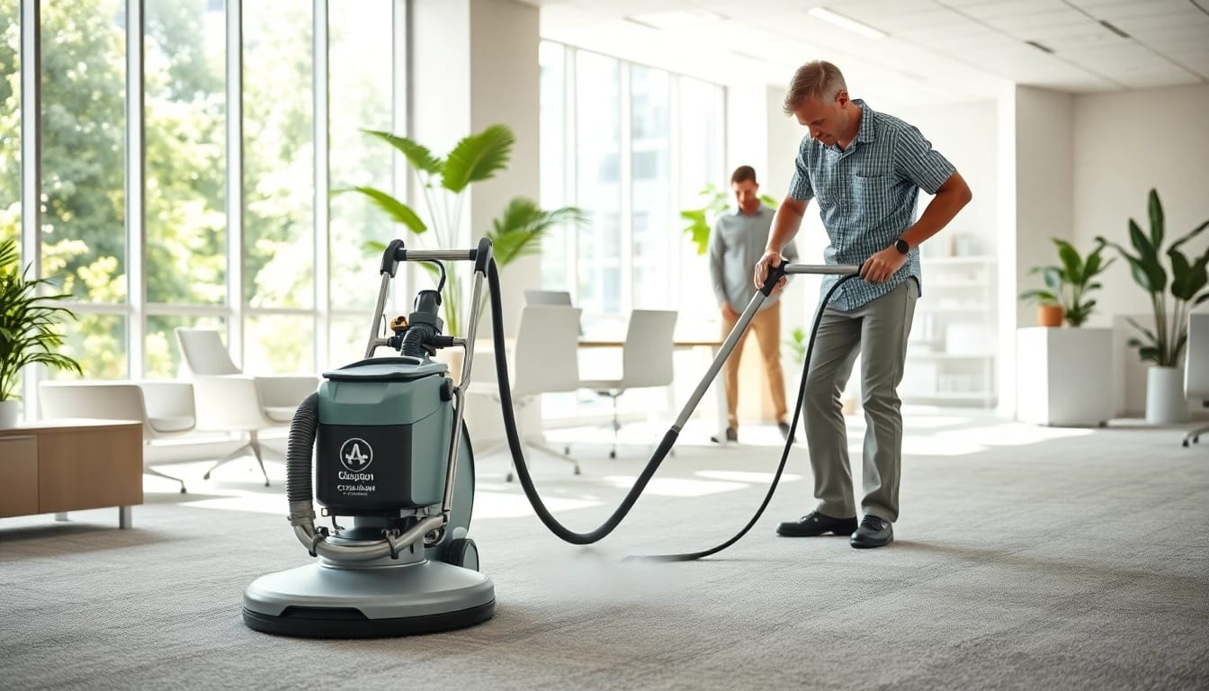 Professionals performing commercial carpet cleaning in a modern office with natural light.