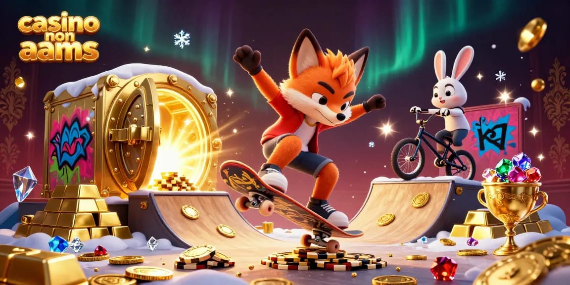 Casinò non AAMS: due animali cartoni animati che mostrano trucchi sullo skateboard e BMX tra simboli di casinò e tesori d'oro