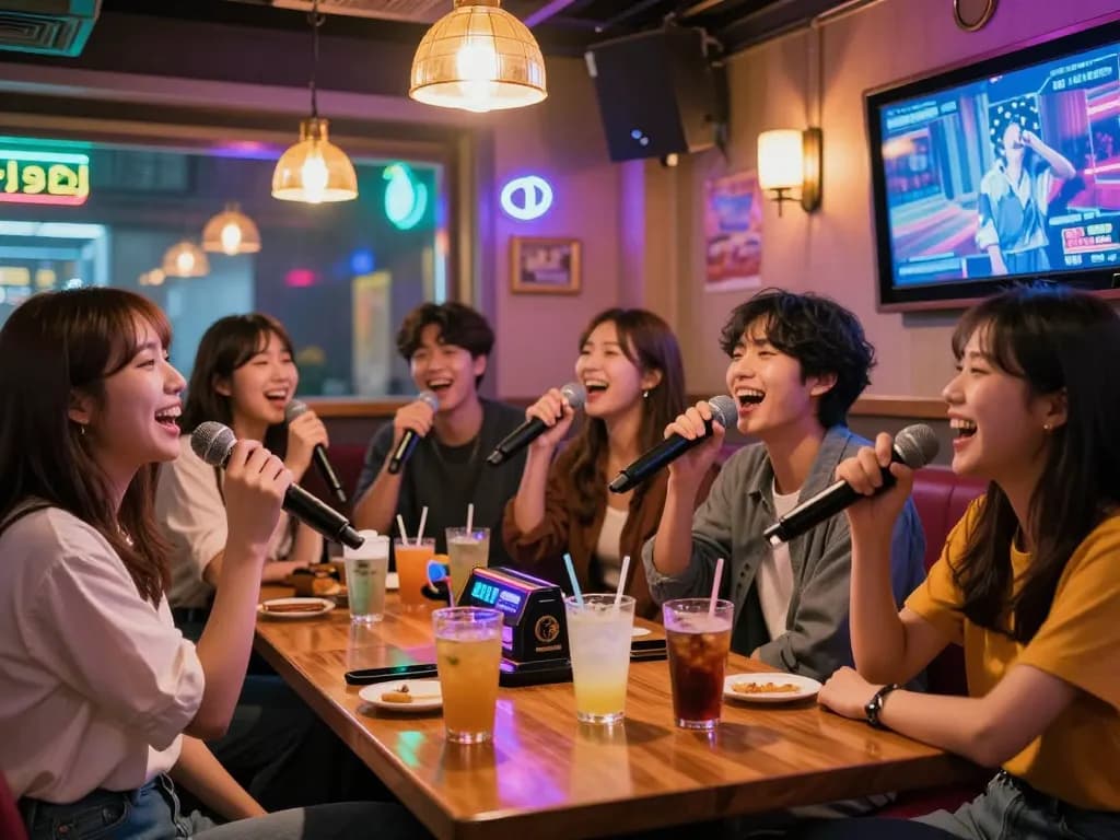 Dynamic nightlife at https://www.magic4karaoke.com/ showing friends enjoying karaoke and vibrant entertainment in Jeju.