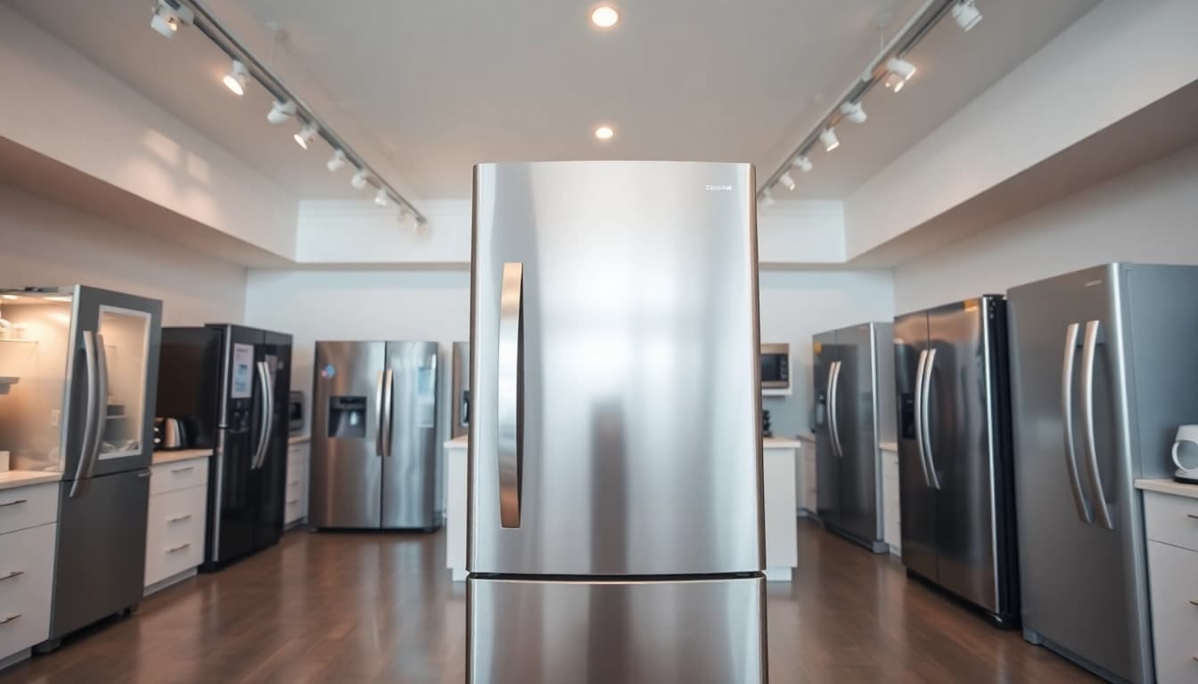 Explore a modern refrigerator showroom highlighting top refrigerator sales options.