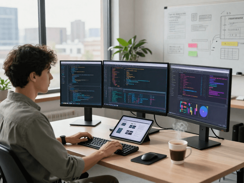 Young developer coding with crushonai technology in modern workspace, showcasing innovation and collaboration.