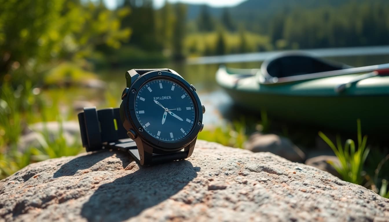 View of the Explorer Plus GPS Smart Watch on a stone slab in an outdoor setting, emphasizing its sleek design.