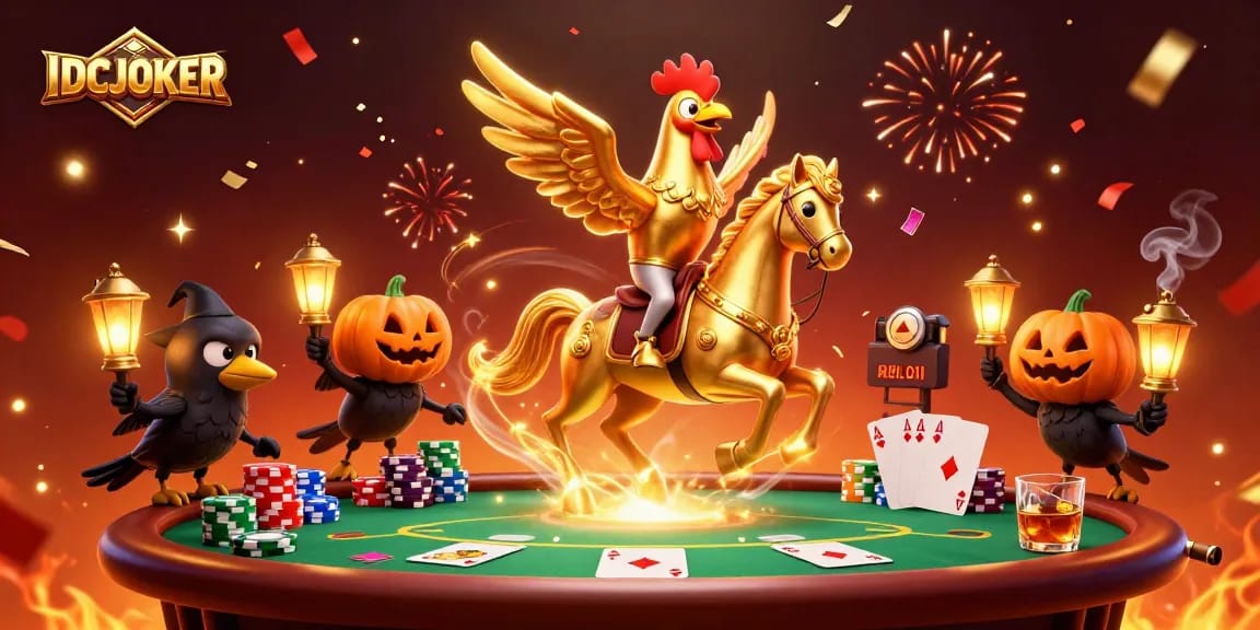 IDCJOKER players enjoying an exciting casino scene with golden rooster and poker elements.
