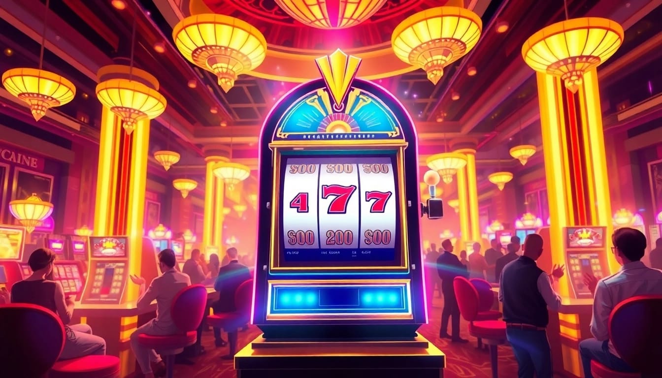 Menangkan permainan situs slot terpercaya dengan mesin slot mewah dan latar belakang kasino yang meriah.