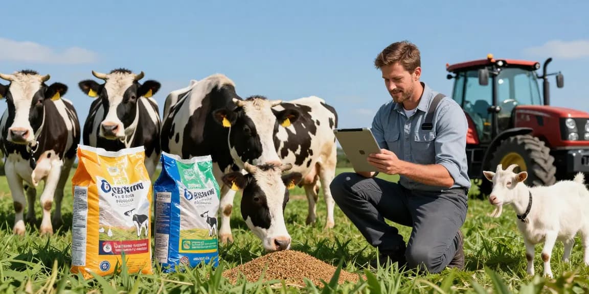 Farmer using tablet to manage rokok88 livestock feed in a vibrant pasture.