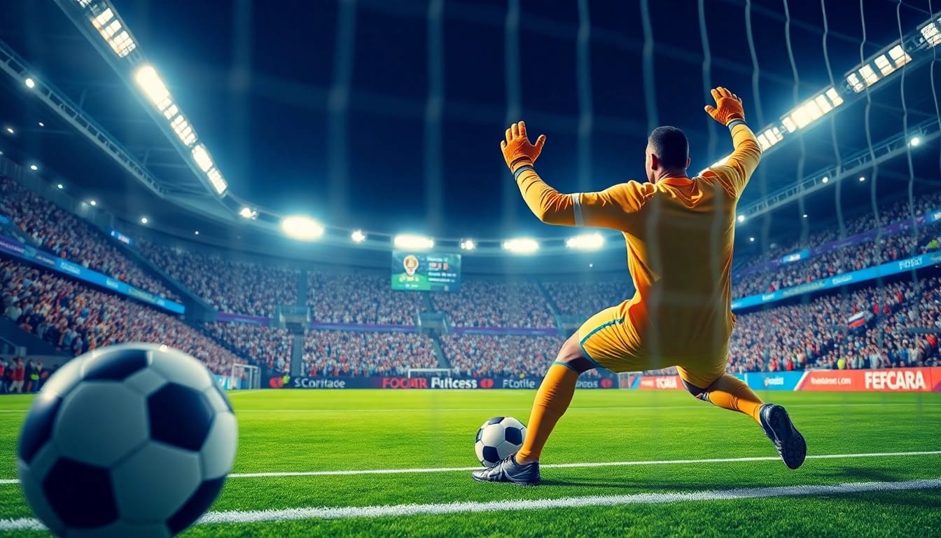 ติดตามผลบอลgoal ระหว่างผู้รักษาประตูที่เซฟบอลในสนามฟุตบอลที่เต็มไปด้วยความตื่นเต้น
