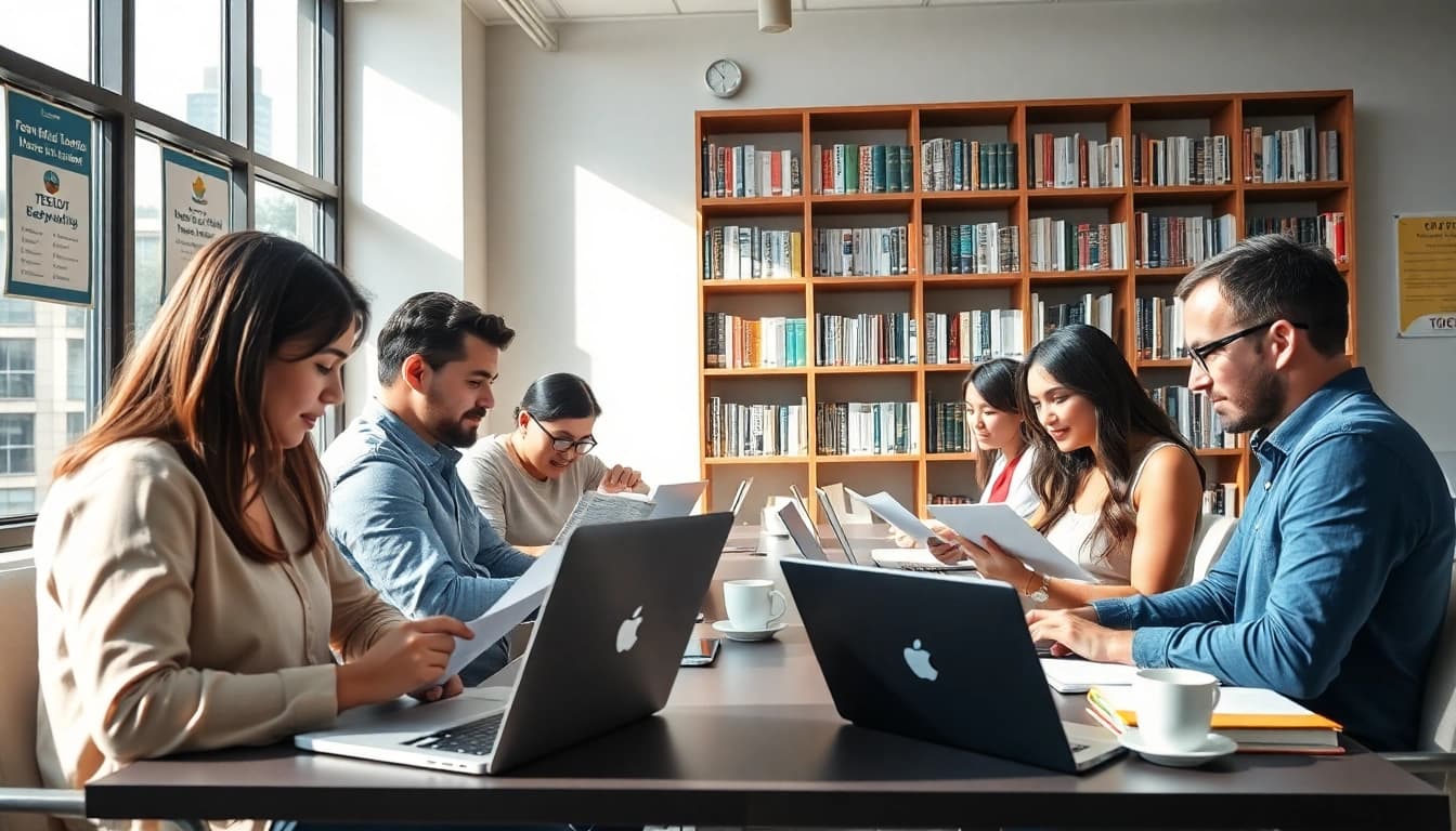 Engaged TOEIC test takers for hire reviewing materials in a bright, professional office