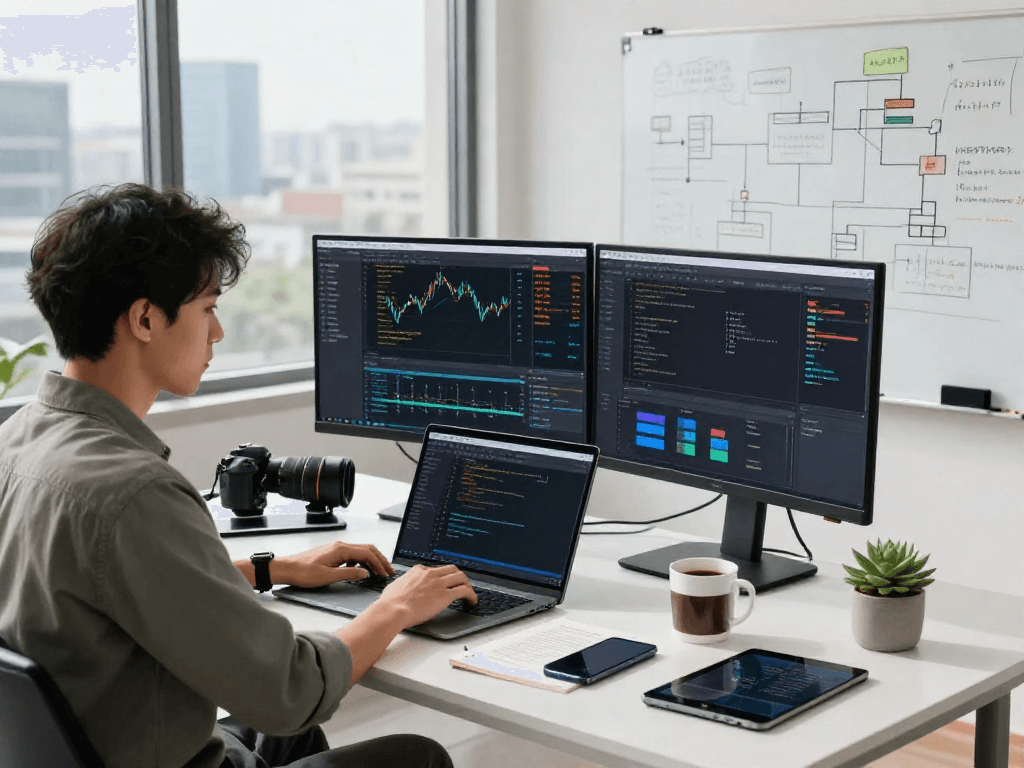 Developer coding on laptop with Asian stock index API data visualization in a modern workspace