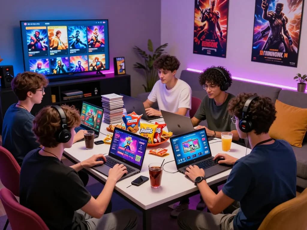 Group enjoying free porn games on various devices in a vibrant gaming environment.