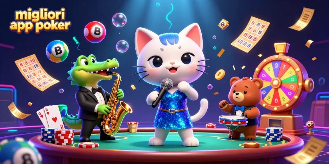 Scopri le migliori app poker con un divertente gatto jazzista, un coccodrillo sassofonista e un cucciolo d'orso, immersi in un'ambientazione vivace.