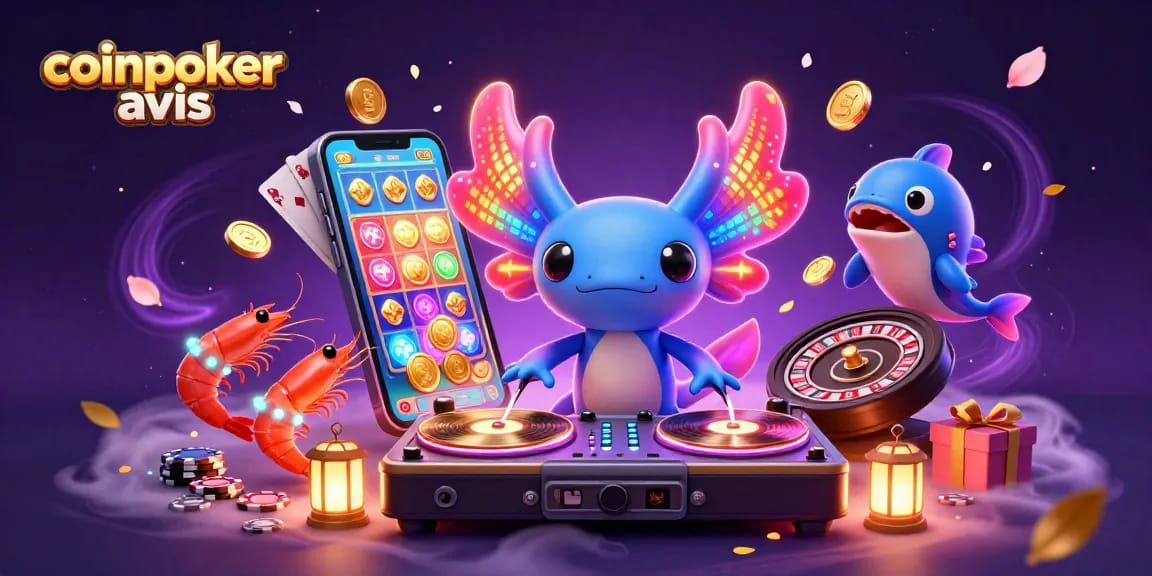 CoinPoker avis : illustration colorée présentant un DJ axolotl vibrant dans un casino animé.
