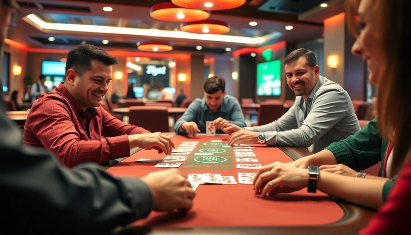 Engage in an exciting game of Ok Rummy with players around a table, capturing the thrill of the moment.