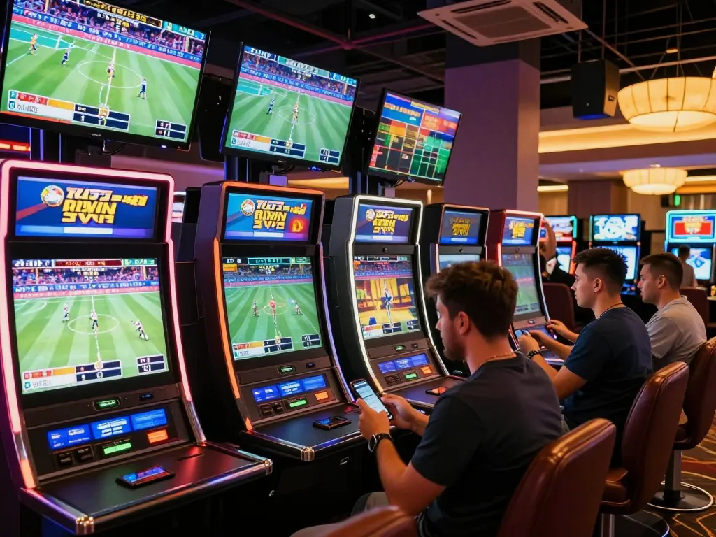 Sports betting excitement with rr88 at a modern casino lounge showcasing live events.