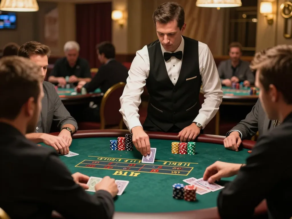 Engaged players at a live casino blackjack table focusing on their strategies and bets.