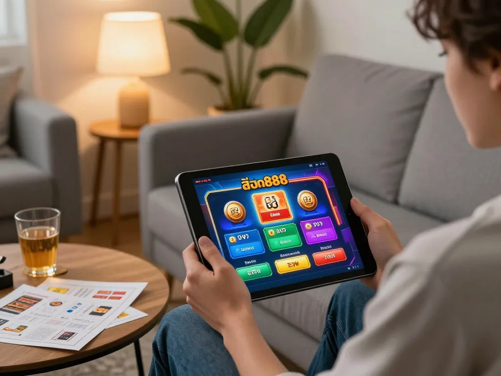 Engaging with สล็อต888 on a tablet in a cozy home setting, strategizing for online gaming.
