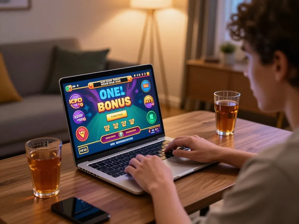 Engaging player enjoying online casino with bonus new member offer on laptop screen.