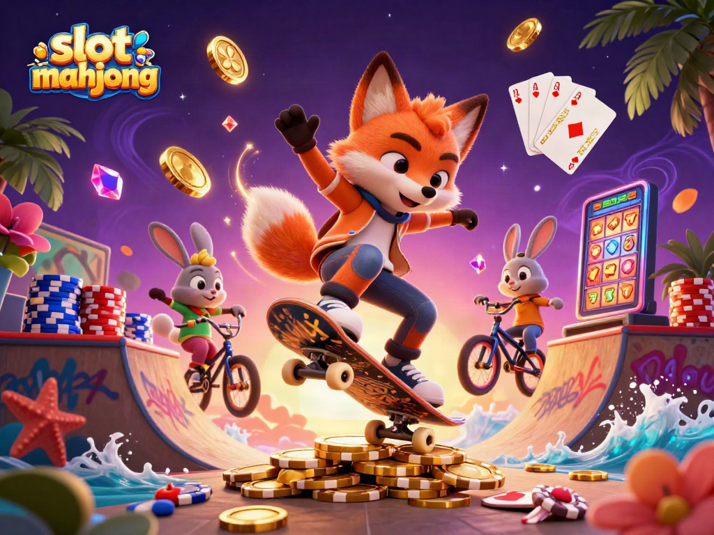 Experience slot mahjong magic with colorful characters skating and winning in a vibrant casino scene.
