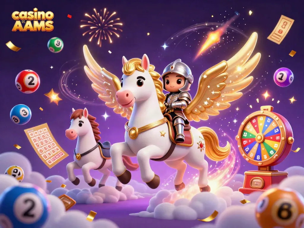 Illustrazione di un casino senza AAMS con giochi emozionanti, cavallo celestiale e premi scintillanti.