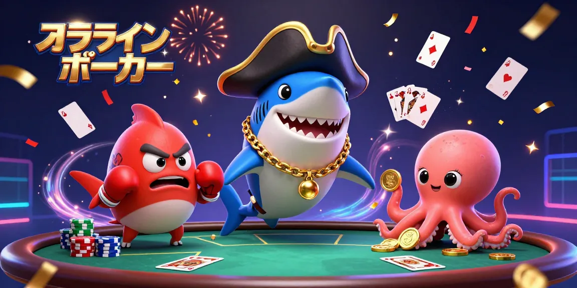 オンラインポーカーのシーンでコミカルなキャラクターたちがプレイ中、ポーカーチップとカードが散らばっています。