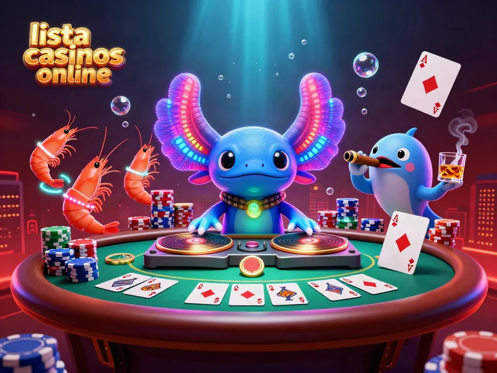 Lista de casinos online: ilustración 3D animada con un axolote DJ y elementos de juego variados.